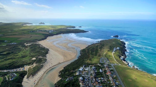 High-angle view over Cractock beach with the sea beyond